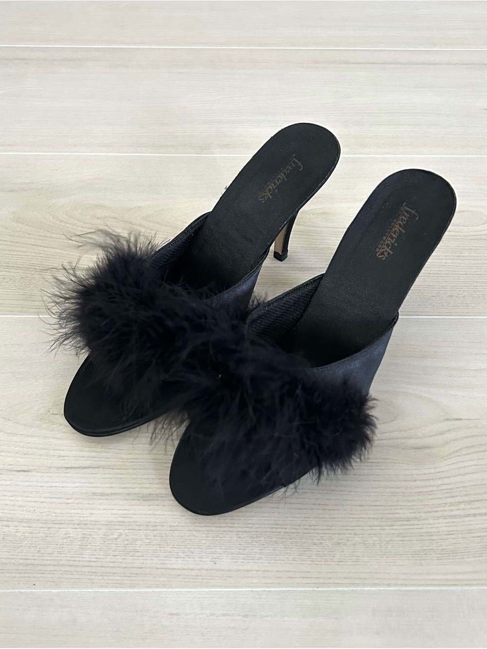 black frederick’s of hollywood fuzzy heels